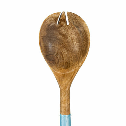 Blue Coastal Serving Utensil Wood with Scalloped Enamel Salad Servers, Set of 2 | Plow & Hearth