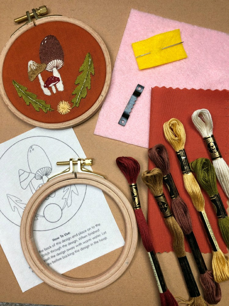 Mushroom Trio - Intermediate Embroidery DIY Craft Kit | Plow & Hearth