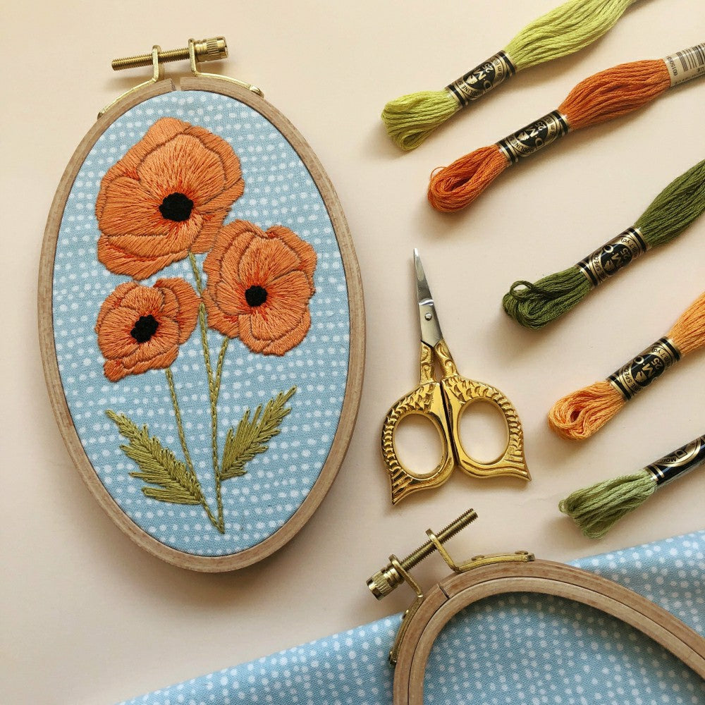 Poppies - Intermediate Floral Hand Embroidery Kit | Plow & Hearth
