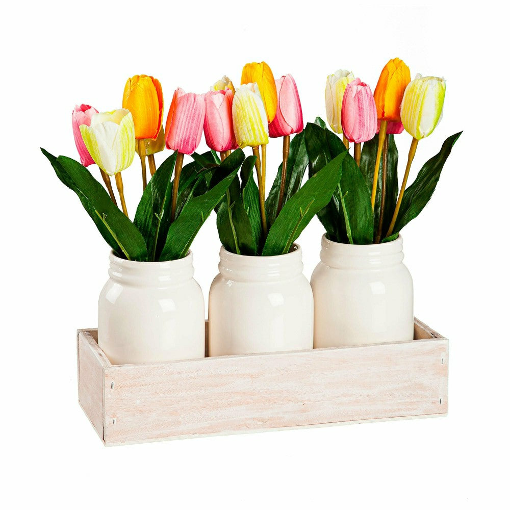 Bunny Blooms Faux Floral Table Decor Artificial Tulips in Ceramic Jars | Plow & Hearth