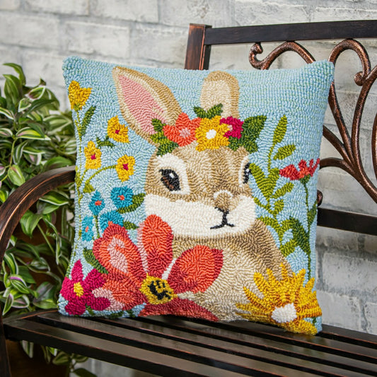 Bunny Blooms Floral Indoor/Outdoor Hooked Pillow 18"x18" | Plow & Hearth