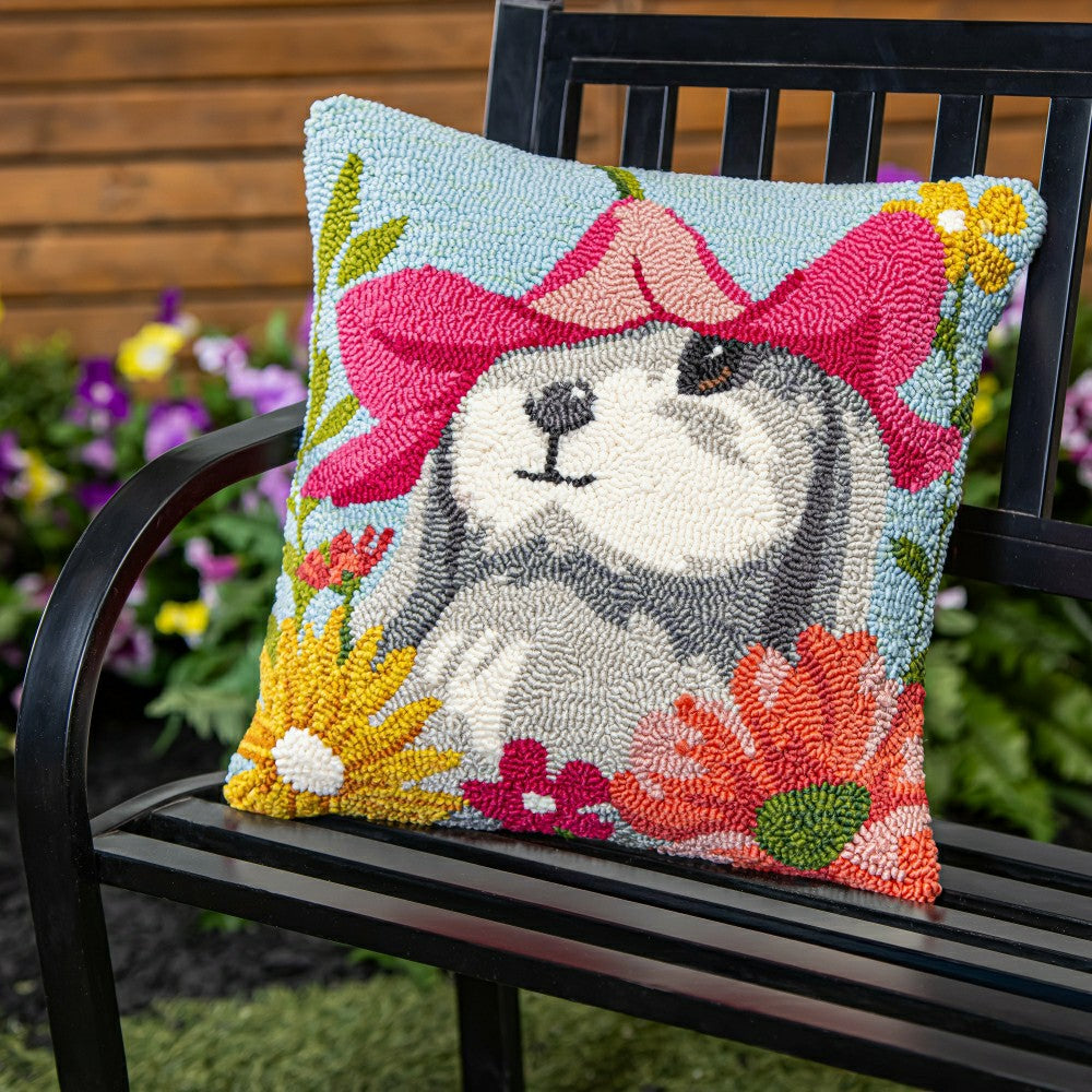 Bunny Blooms Flower Time Indoor/Outdoor Hooked Pillow 18"x18" | Plow & Hearth