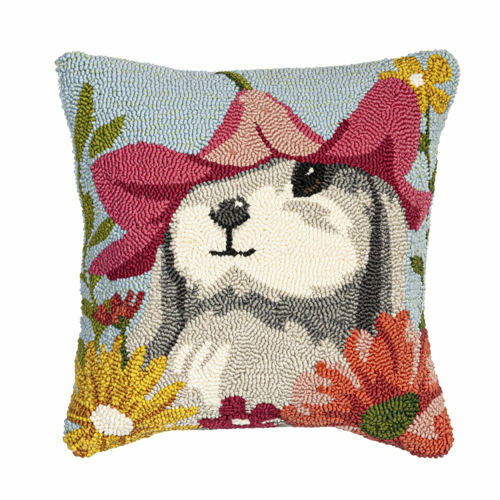 Bunny Blooms Flower Time Indoor/Outdoor Hooked Pillow 18"x18" | Plow & Hearth