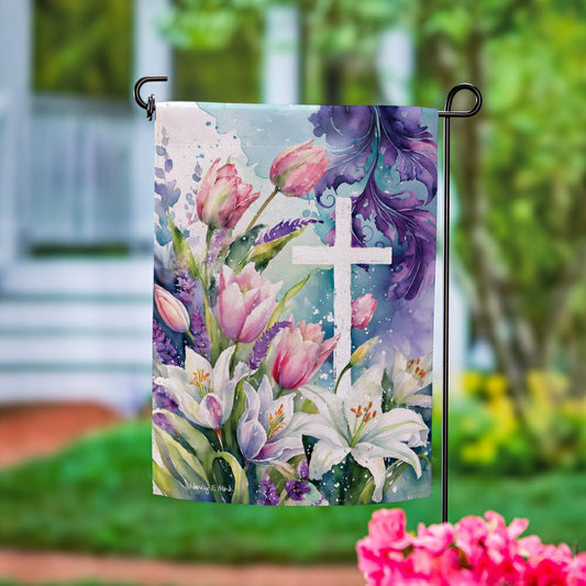 Tulip & Easter Lily Cross Suede Garden Flag | Plow & Hearth