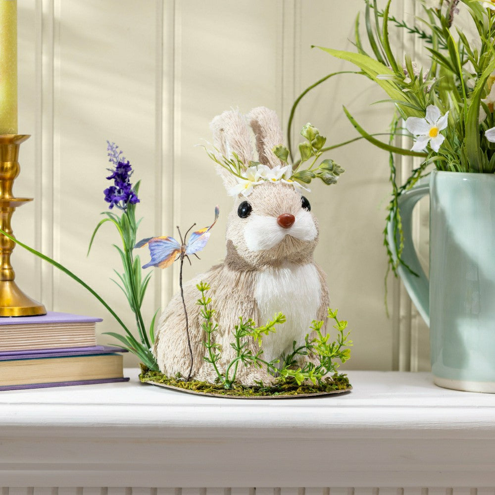 Hop Into Spring Table Decor Natural Fiber Floral Bunny with Butterfly, | Plow & Hearth