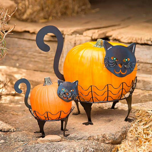 Set Of 2 Cat Pumpkin Holders With LED Eyes | Plow & Hearth