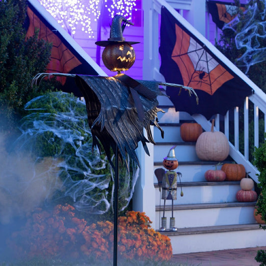 Halloween Solar Scarecrow Jack O' Lantern Metal Ground Stake | Plow & Hearth