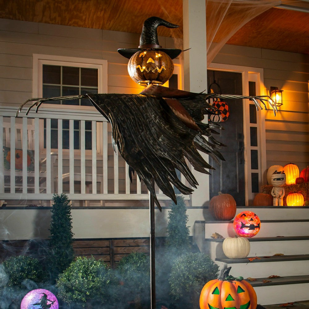 Halloween Solar Scarecrow Jack O' Lantern Metal Ground Stake | Plow & Hearth
