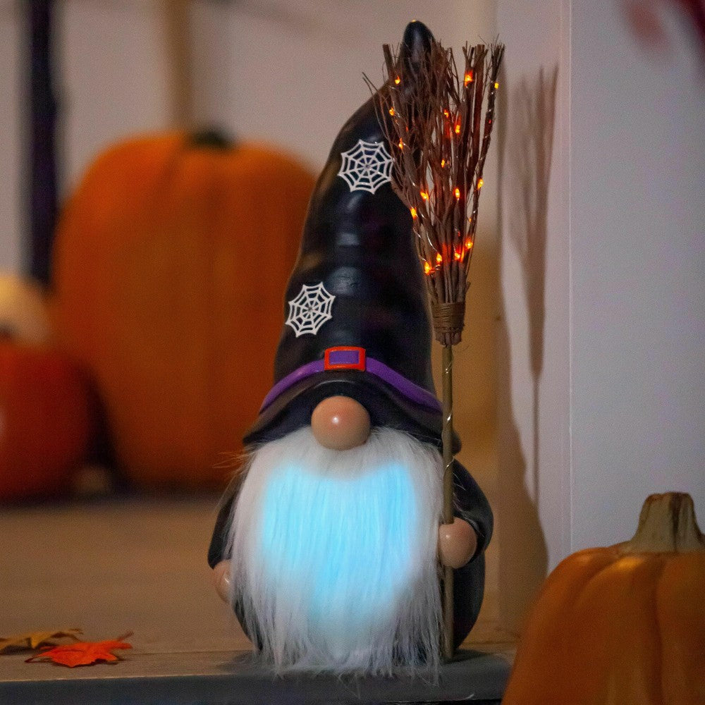 Lighted Witch Gnome Statue with Spiderweb Hat | Plow & Hearth