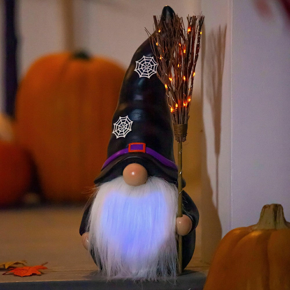 Lighted Witch Gnome Statue with Spiderweb Hat | Plow & Hearth