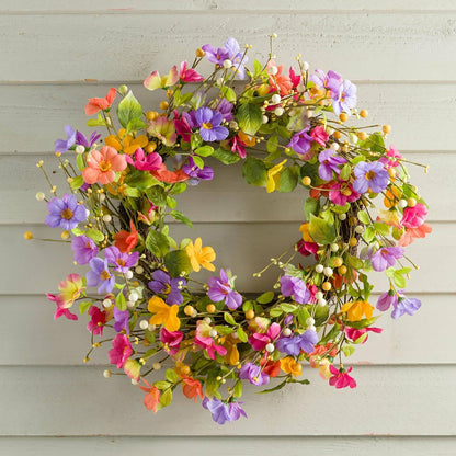 21" Floral Watercolor Wreath with Faux Pansies and Violets | Plow & Hearth