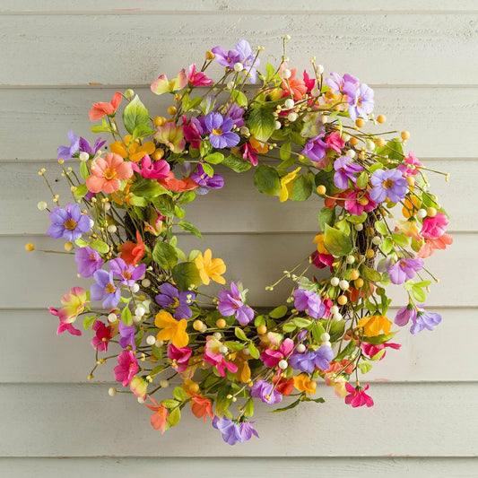 21" Floral Watercolor Wreath with Faux Pansies and Violets | Plow & Hearth