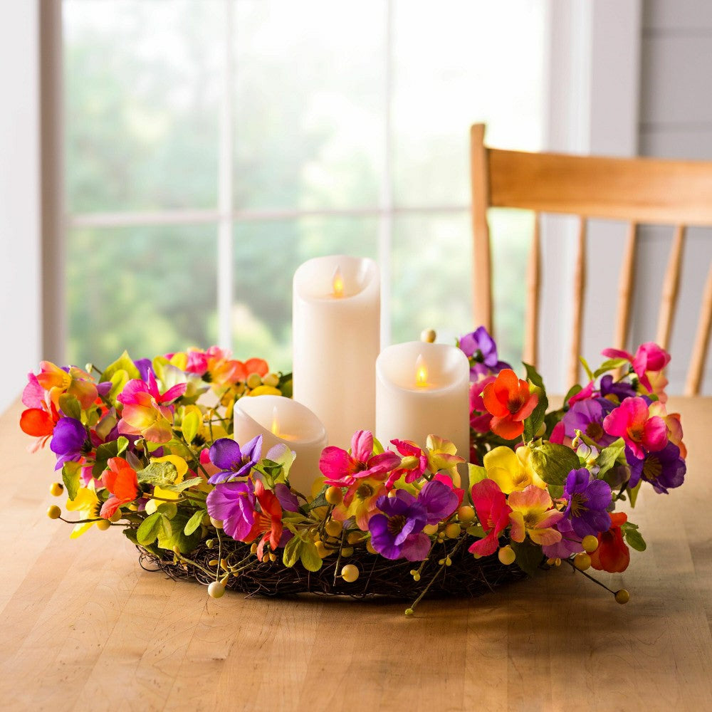 21" Floral Watercolor Wreath with Faux Pansies and Violets | Plow & Hearth