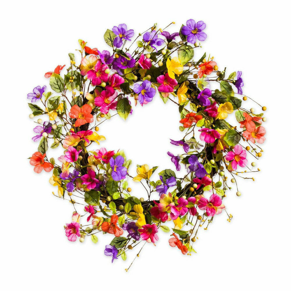 21" Floral Watercolor Wreath with Faux Pansies and Violets | Plow & Hearth
