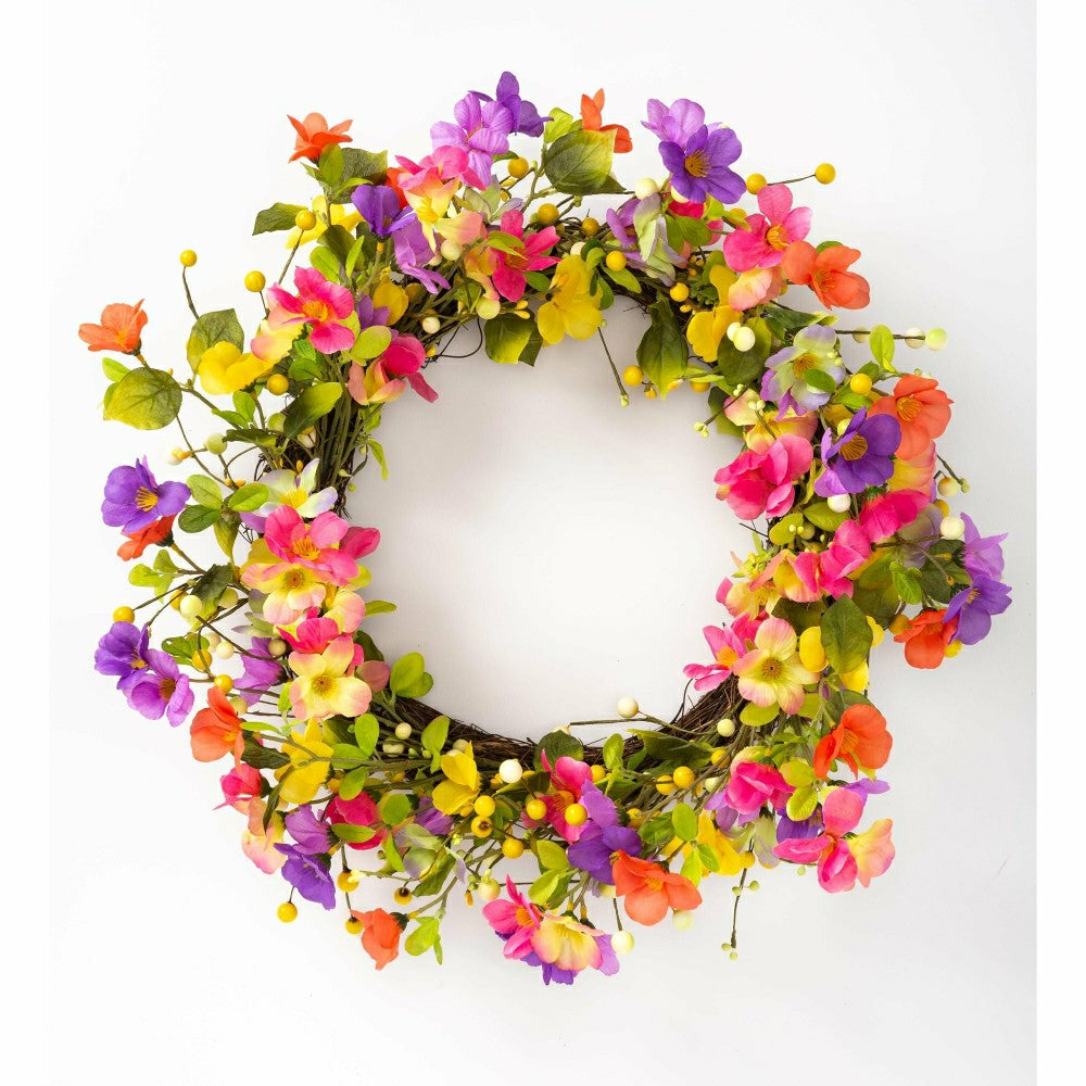 21" Floral Watercolor Wreath with Faux Pansies and Violets | Plow & Hearth