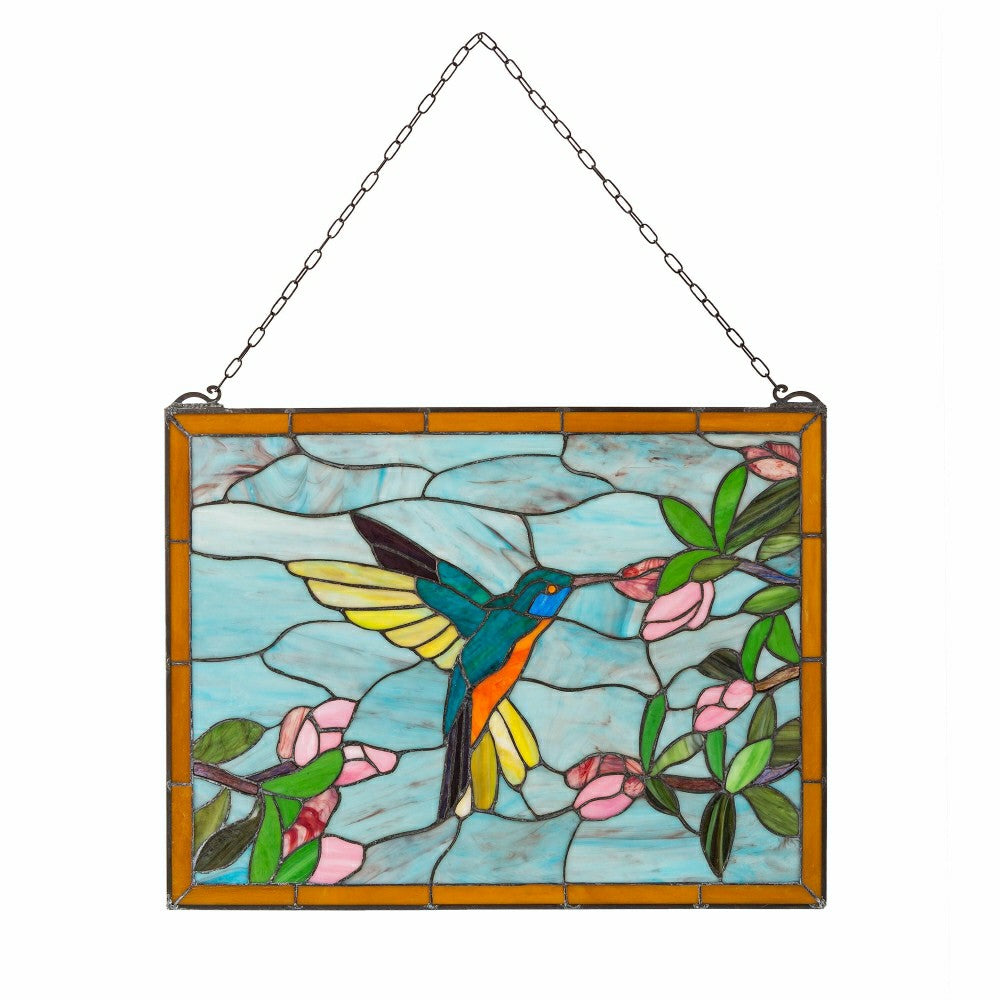 Stained Glass Hummingbird Art Panel with Metal Frame and Chain | Plow & Hearth