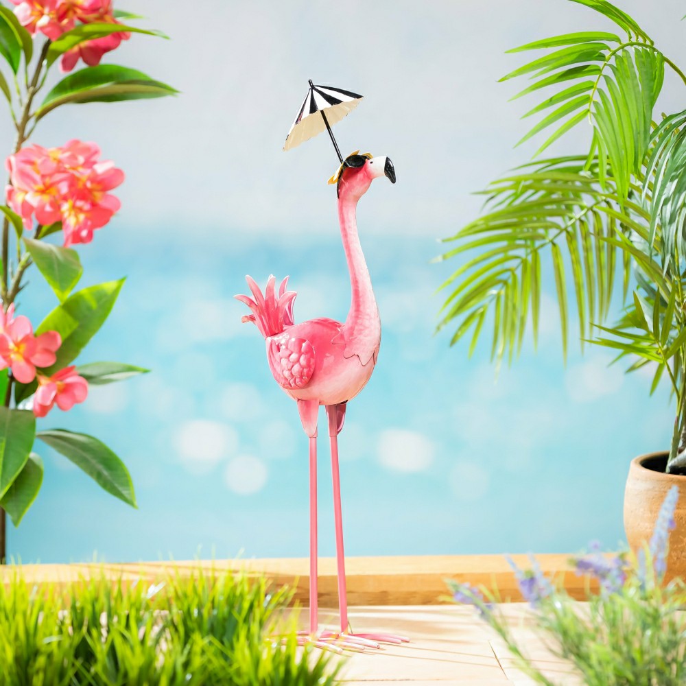 Palm Beach Garden Statue, Metal Umbrella Flamingo Statue, 25"H | Plow & Hearth