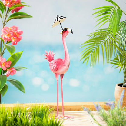 Palm Beach Garden Statue, Metal Umbrella Flamingo Statue, 25"H | Plow & Hearth