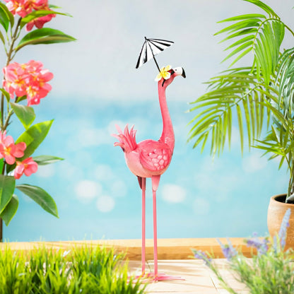 Palm Beach Garden Statue, Metal Umbrella Flamingo Statue, 25"H | Plow & Hearth
