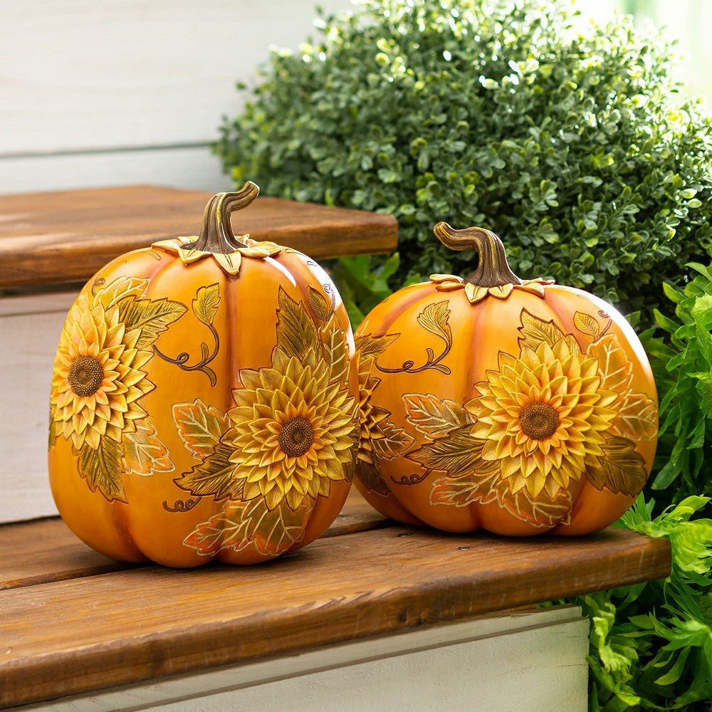Decorative Indoor/Outdoor Pumpkins With Carved-Wood Look, Set of 2 | Plow & Hearth