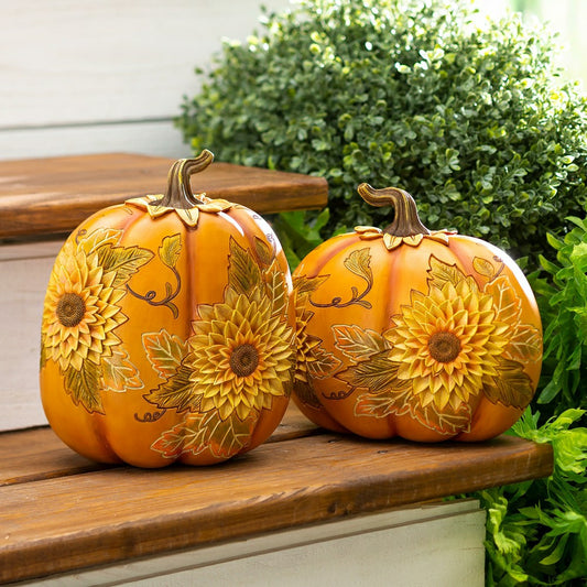 Decorative Indoor/Outdoor Pumpkins With Carved-Wood Look, Set of 2 | Plow & Hearth