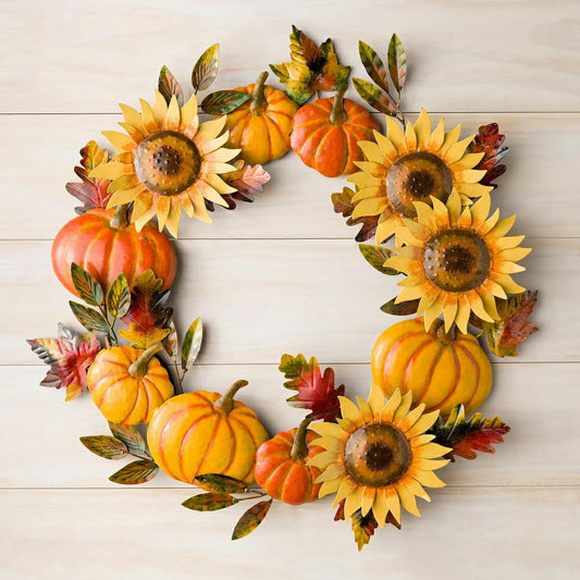 Handcrafted Metal Sunflower and Pumpkin Autumn Wreath | Plow & Hearth