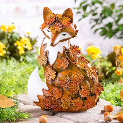 Handcrafted Metal Fox Sculpture Draped in Fall Leaves | Plow & Hearth