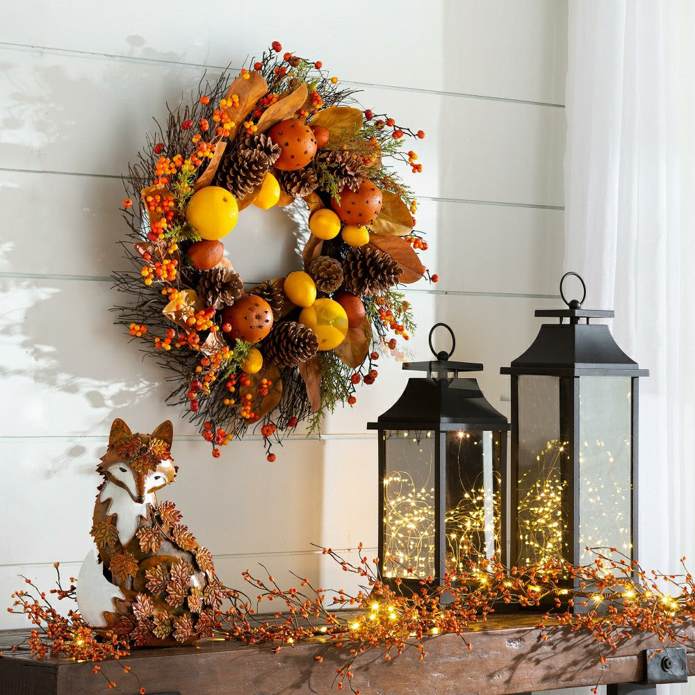 Handcrafted Metal Fox Sculpture Draped in Fall Leaves | Plow & Hearth