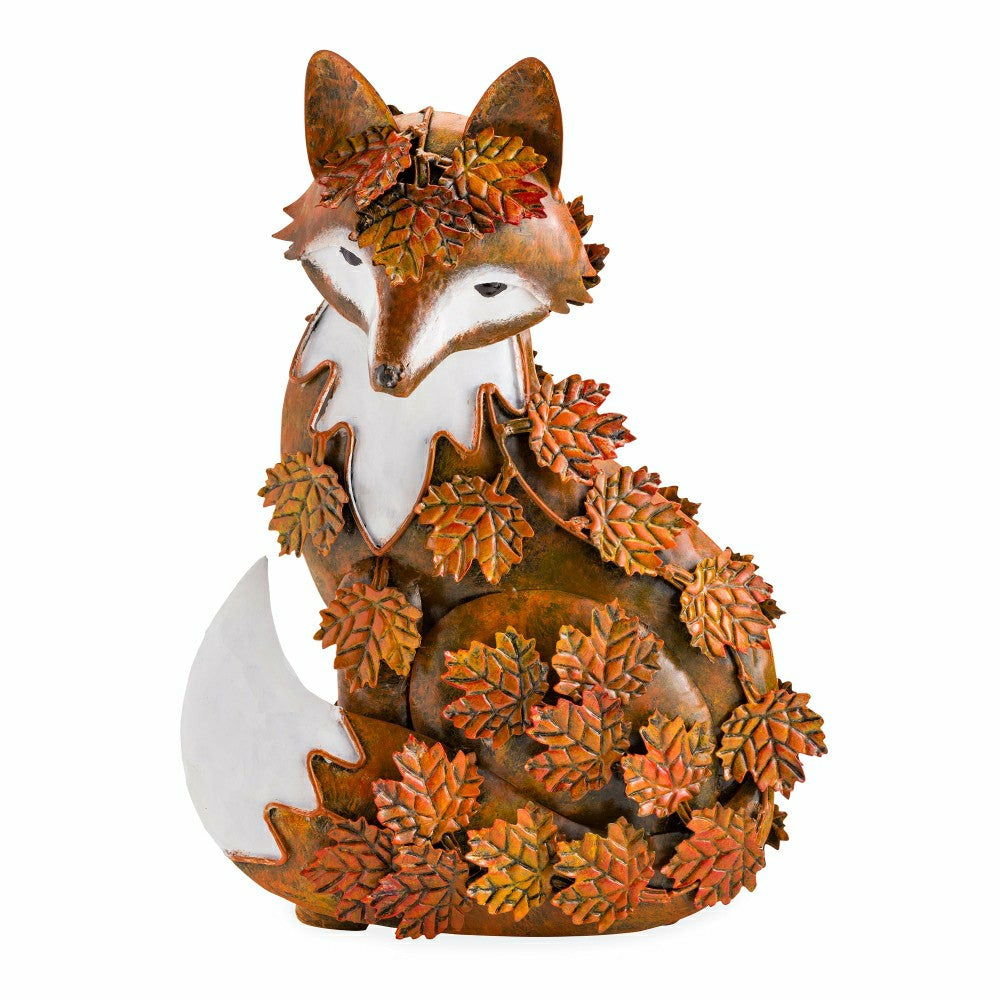 Handcrafted Metal Fox Sculpture Draped in Fall Leaves | Plow & Hearth