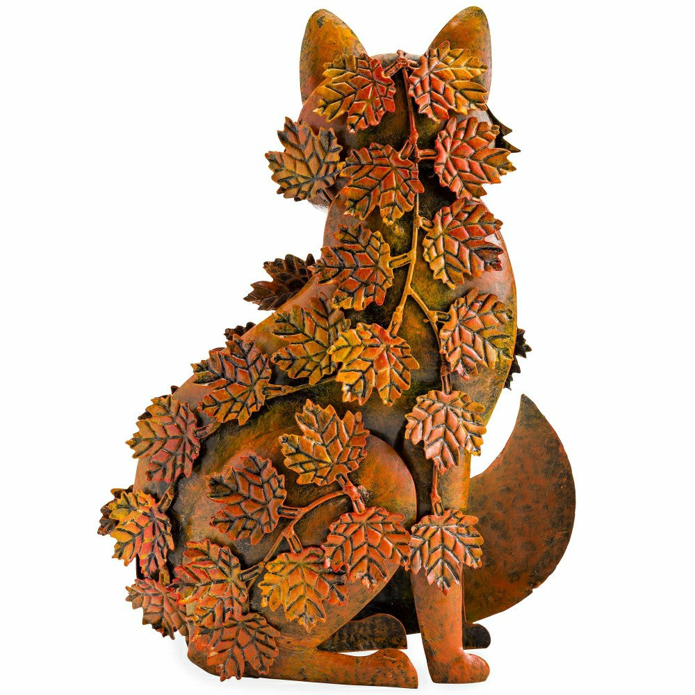 Handcrafted Metal Fox Sculpture Draped in Fall Leaves | Plow & Hearth