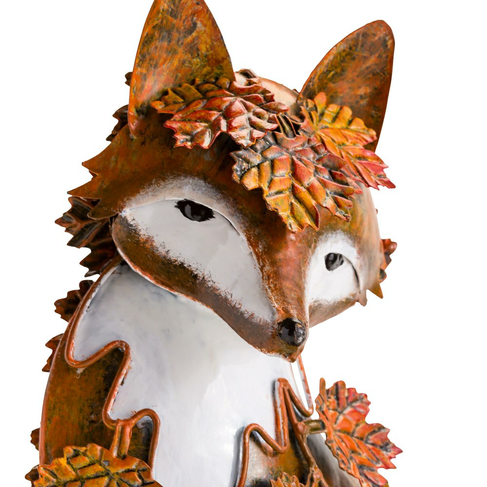Handcrafted Metal Fox Sculpture Draped in Fall Leaves | Plow & Hearth