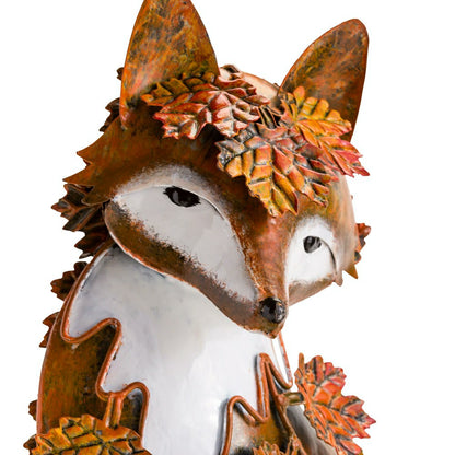 Handcrafted Metal Fox Sculpture Draped in Fall Leaves | Plow & Hearth
