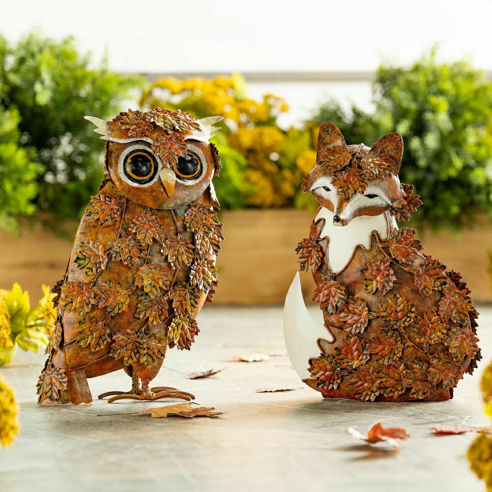Handcrafted Metal Fox Sculpture Draped in Fall Leaves | Plow & Hearth