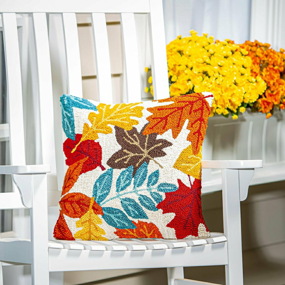 Indoor/Outdoor Fall Leaves Hooked Polypropylene Throw Pillow 18"x18" | Plow & Hearth