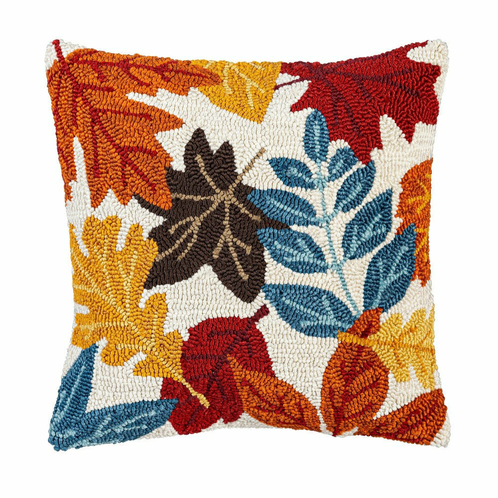 Indoor/Outdoor Fall Leaves Hooked Polypropylene Throw Pillow 18"x18" | Plow & Hearth