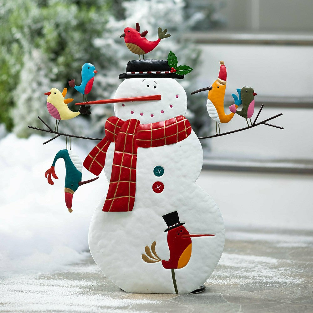 Metal Snowman and Birds Garden Statue | Plow & Hearth