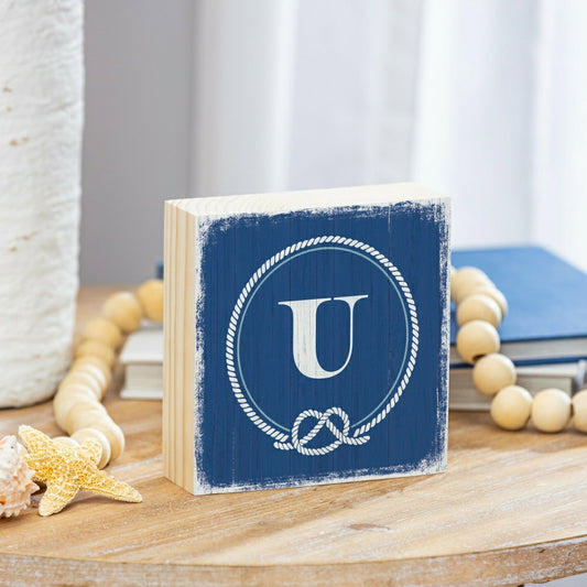 Coastal Monogram Nautical Sign Wood Block "U", 6"x6" | Plow & Hearth
