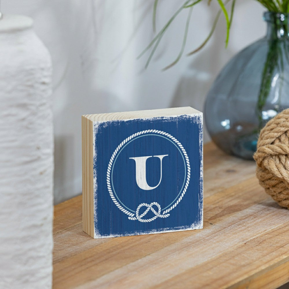 Coastal Monogram Nautical Sign Wood Block "U", 6"x6" | Plow & Hearth