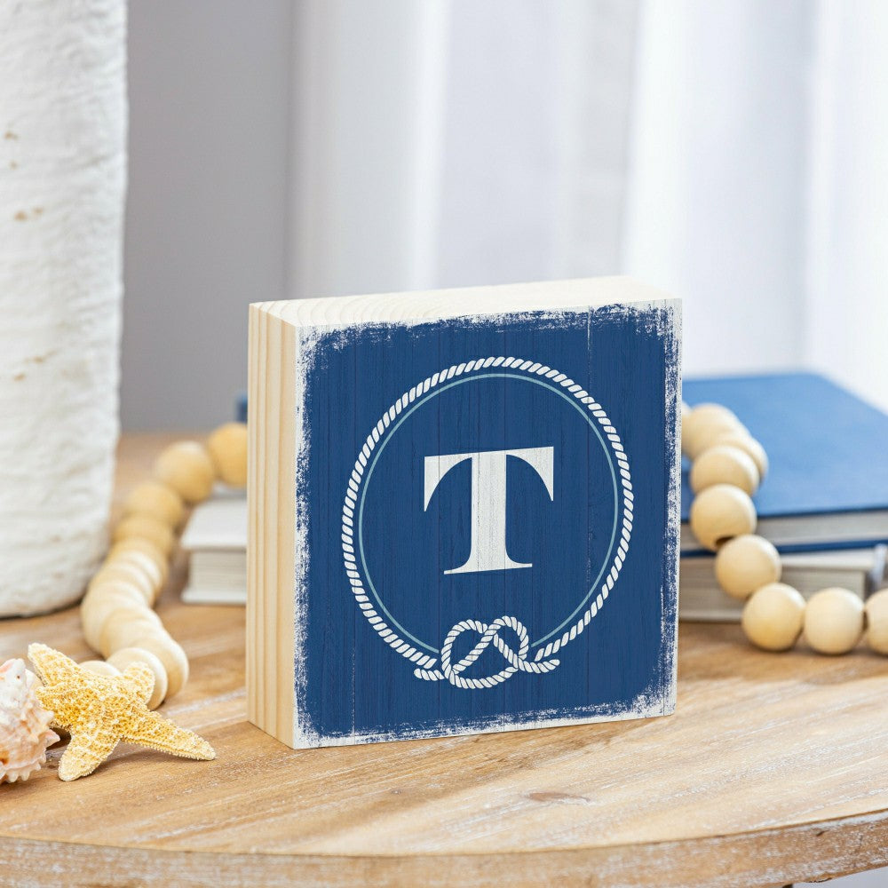 Coastal Monogram Nautical Sign Wood Block "T", 6"x6" | Plow & Hearth