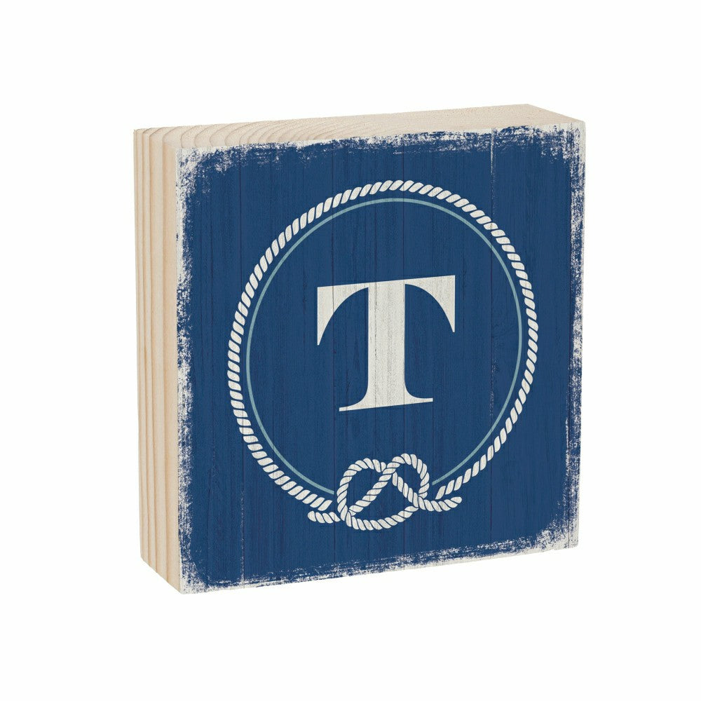Coastal Monogram Nautical Sign Wood Block "T", 6"x6" | Plow & Hearth