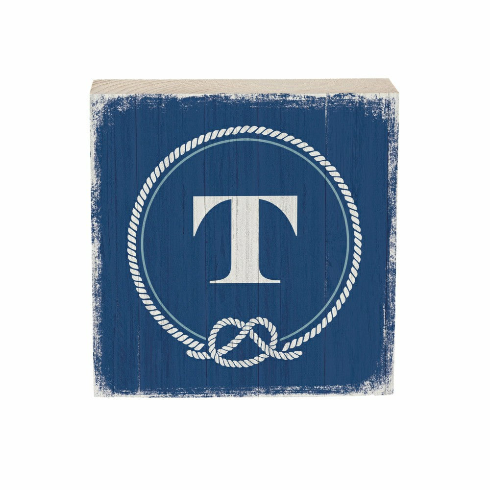 Coastal Monogram Nautical Sign Wood Block "T", 6"x6" | Plow & Hearth