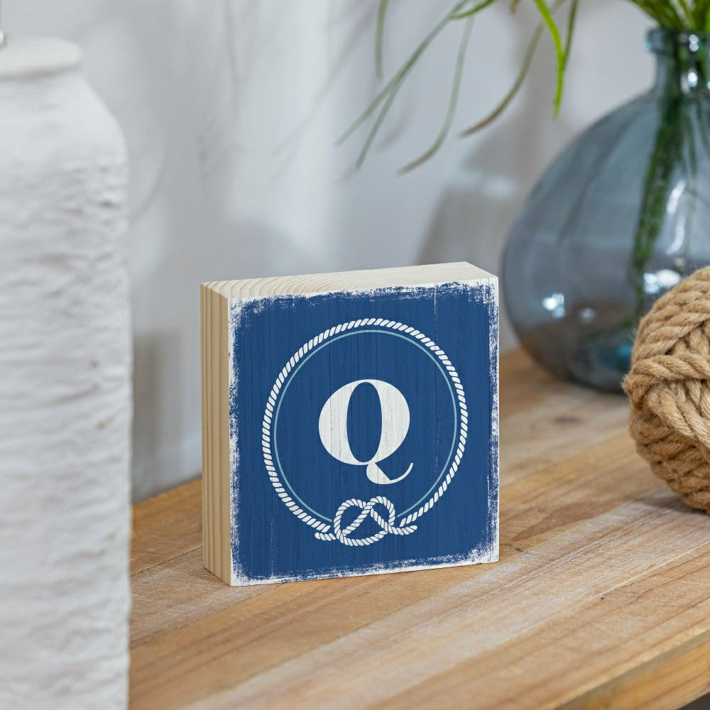 Coastal Monogram Nautical Sign Wood Block "Q", 6"x6" | Plow & Hearth
