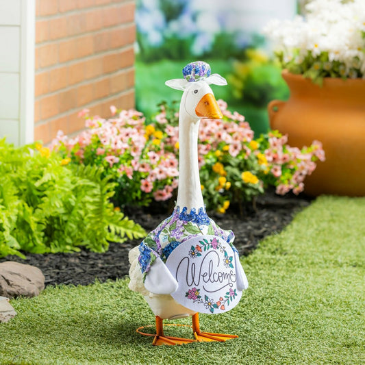 Giddy The Goose, Metal Porch Statue With Hydrangeas Outfit, 21"H | Plow & Hearth