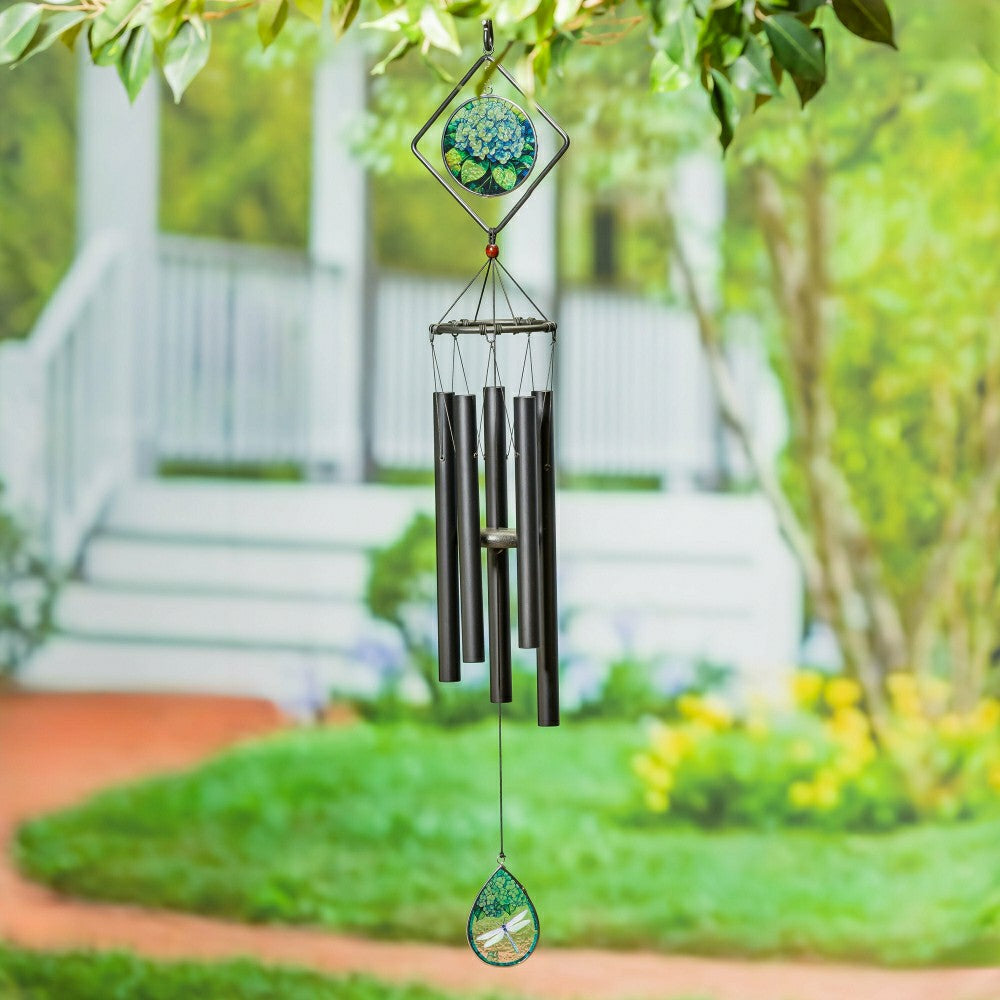 Avria Stained Glass Hand-Tuned Wind Chime, Hydrangeas, 36" | Plow & Hearth