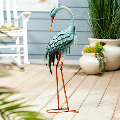 Blue Coastal Garden Statue Metal Observing Heron Statue, 34"H | Plow & Hearth