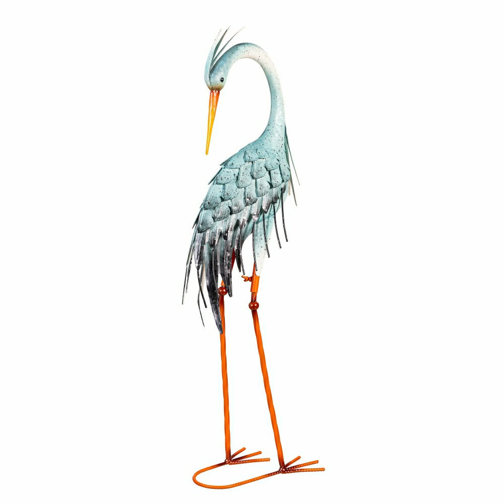 Blue Coastal Garden Statue Metal Observing Heron Statue, 34"H | Plow & Hearth