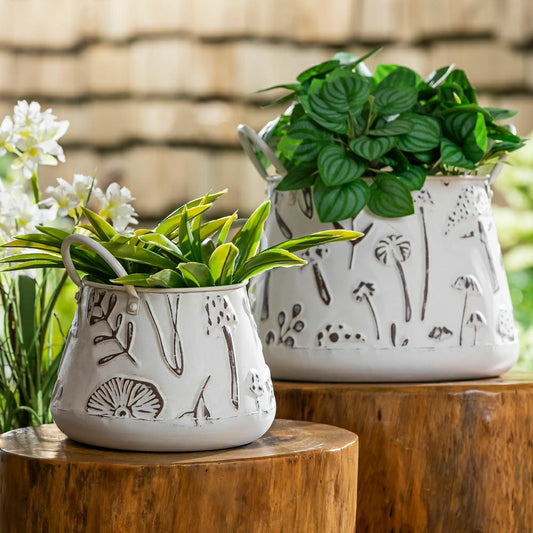 Garden of Wonder Planter, Metal Planters with Handles, Embossed Mushro | Plow & Hearth