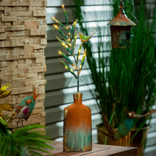 Lighted Metal Vase with Bird Garden Statue | Plow & Hearth