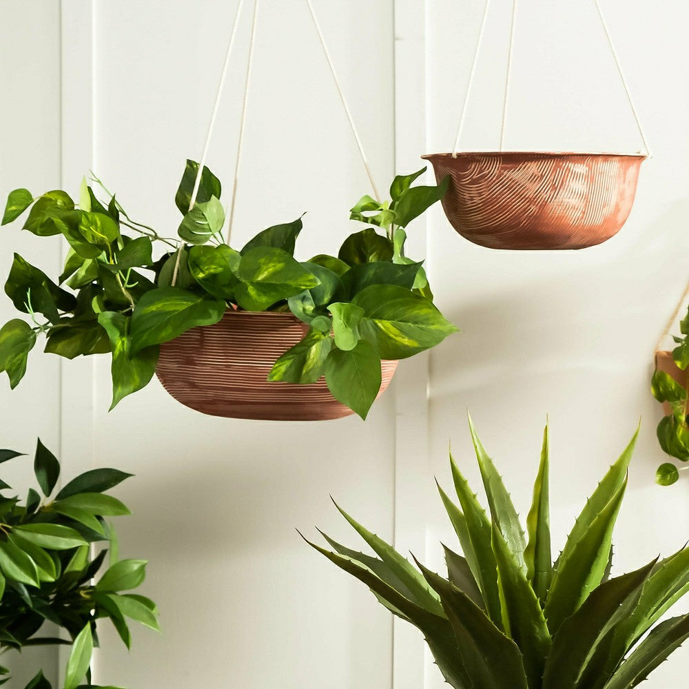 Indoor/Outdoor Metal Hanging Planters with Terra Cotta Finish, Set of  | Plow & Hearth