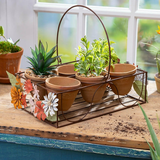 What She Shed Planters, Metal Stand with Terracotta Planters, Floral D | Plow & Hearth
